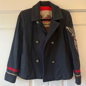 History Repeats Embroidered Wool Military Style Peacoat Coat Navy Size 42 Small